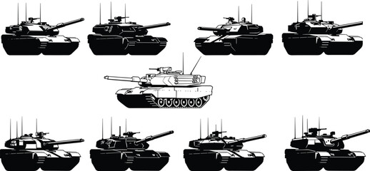 Military tank silhouette illustration set with modern armored vehicles, battle tank designs, defense equipment artwork, detailed vector war machine graphics for stock © Its Marjia's World