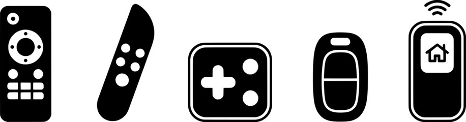 Obraz premium Set of vector icons representing different types of remote controls, including TV remote, game controller, car key fob, and smart home control device. Isolated on white background.