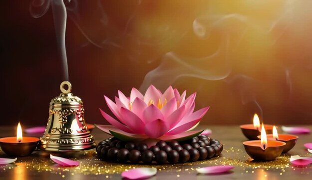 hanuman jayanti banner video, sacred prayer beads (rudraksha), mace, and lotus arranged gracefully, floating oil lamps flickering