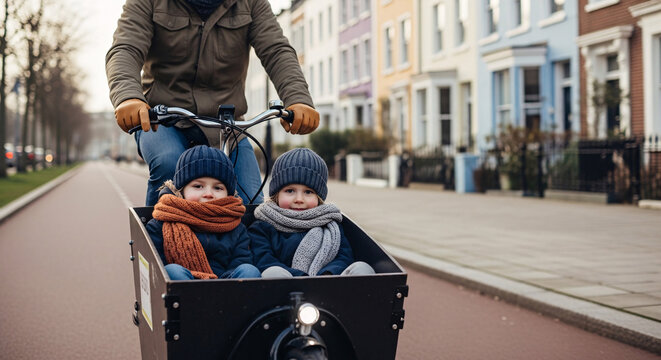 Children riding in cargo bike with parent on urban street