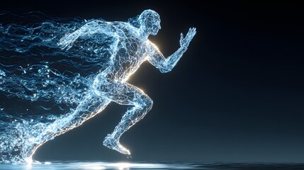Fototapeta premium A glowing blue particle man running to the right with a trail of light behind him on a dark background