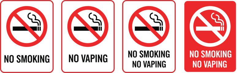 No smoking and no vaping prohibition signs with bold red warning symbols for safety, public areas, health regulations and restricted zones