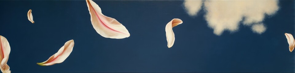 Obraz premium Vertical 1080x1920 composition of a white lily turning into clouds, minimal modern pot, serene gradient from pale sky to navy, clean negative space, soft sunrise illumination .