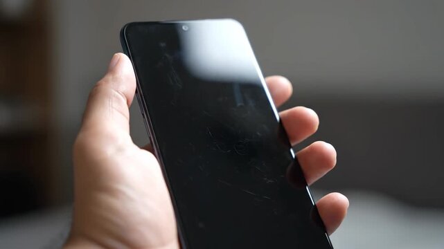 A person's hand holds a modern smartphone featuring a severely scratched and non-functional black screen.