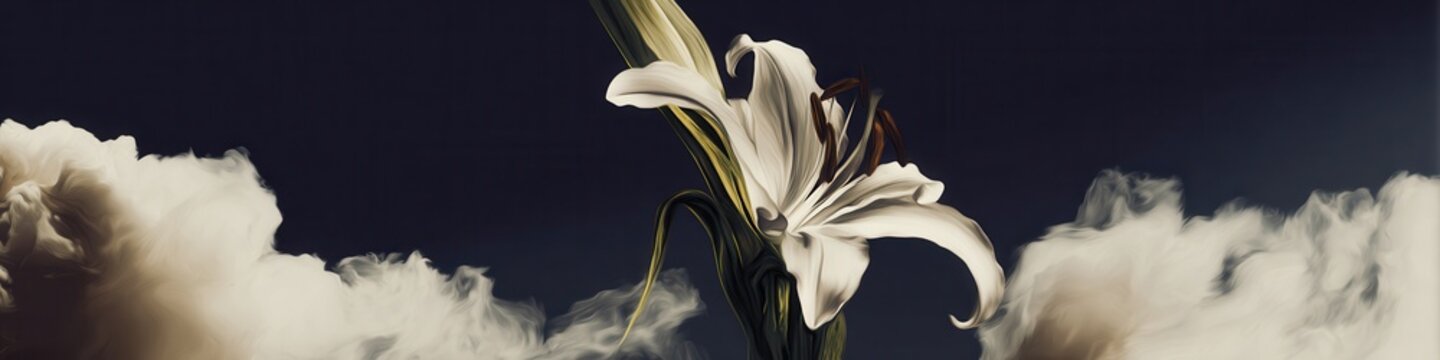 Vertical 1080x1920 composition of a white lily turning into clouds, minimal modern pot, serene gradient from pale sky to navy, clean negative space, soft sunrise illumination .