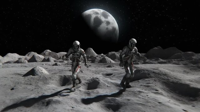 Astronauts Walking on Moon Surface Space.