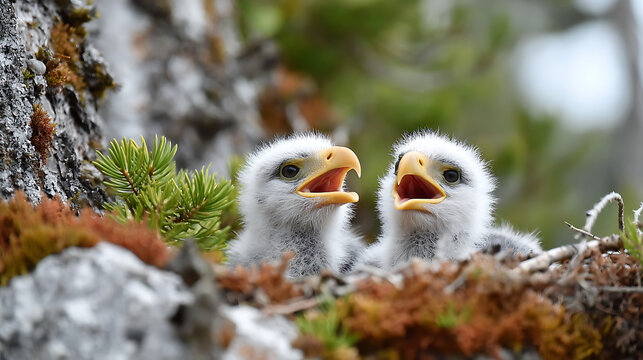 Close-up of baby eagles in a high nest, tiny beaks open as they call for food while soft white feathers move in the mountain breeze.