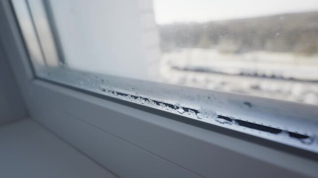 Close up view shows water droplets accumulating on white PVC window frame and glass pane inside warm room. Concept of humidity problems, poor insulation, and household maintenance issues.