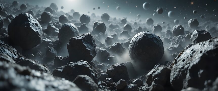 Mysterious cosmic landscape filled with dark, irregularly shaped celestial bodies. astroid belt