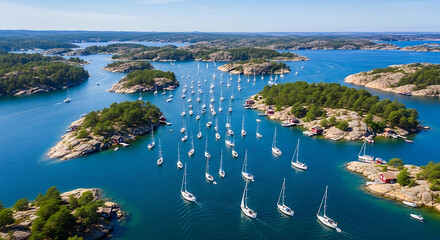 Naklejka premium Drone view of Hvaler archipelago summer paradise sailing boats granite islands and cabins