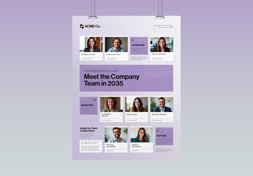 Meet The Team Poster Template for Modern Company Profiles, Organizational Charts & About Us Banners in Purple Hues