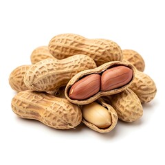 A closeup of healthy roasted peanuts in brown shells and open pods isolated on a white background makes for a nutritious organic snack of dried groundnut seeds