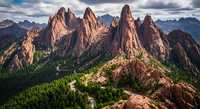 Overhead drone photo of Aiguilles de Bavella red granite needles Corsica mountains