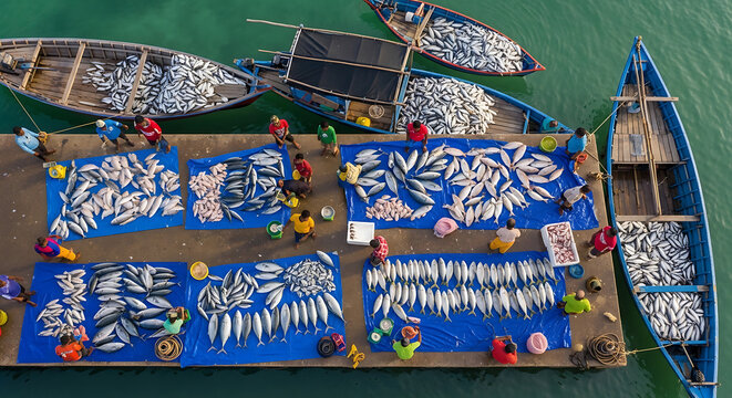 Bird's eye view of Maldives fish market local island morning catch and auction