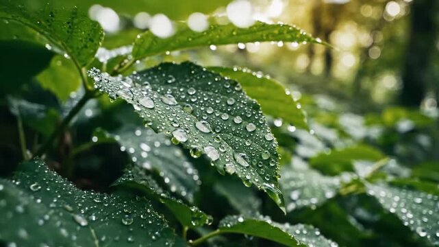 macro cinematic plant footage slow camera movement between fresh green leaves soft natural light highlighting textures tiny water droplets glowing tranquil nature scene peaceful atmosphere smooth moti