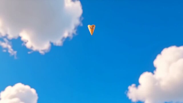Surreal Animation of a Happy Ice Cream Cone Character Flying Through a Dreamy Sky