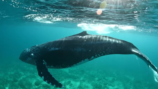 Humpback Whale Swimming Underwater Ocean Scene.