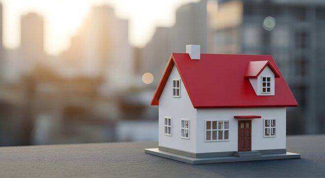 Dream home concept miniature house model with red roof on blurred city background for real estate