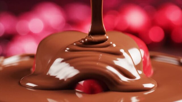 Rich chocolate pours onto a glossy surface, creating a decadent dessert scene with flowing texture and vibrant red bokeh background, close-up view, valentine concept