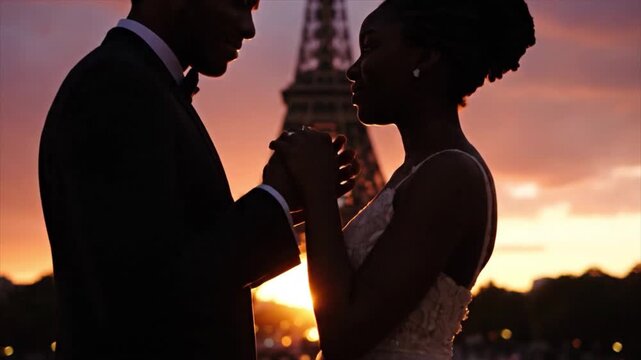Couple embracing at Eiffel Tower during romantic sunset, silhouette against vibrant sky