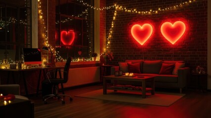 Cozy Modern Living Room Interior with Glowing Red Neon Hearts on Brick Wall