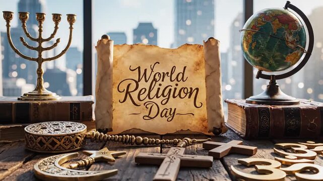 World Religion Day symbols and artifacts on wooden table.
