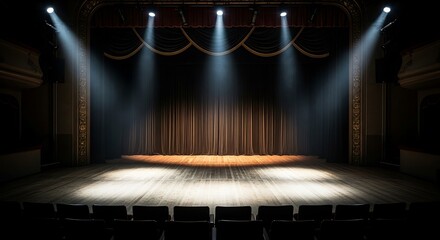 Empty Stage with Spotlights and Curtain Ready for Performance.