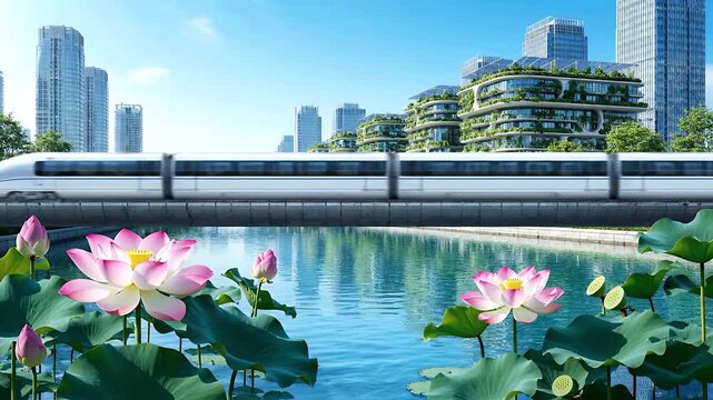 A high-tech white maglev train moves silently above a crystal-clear canal with blooming lotus flowers and koi fish in a futuristic green city.