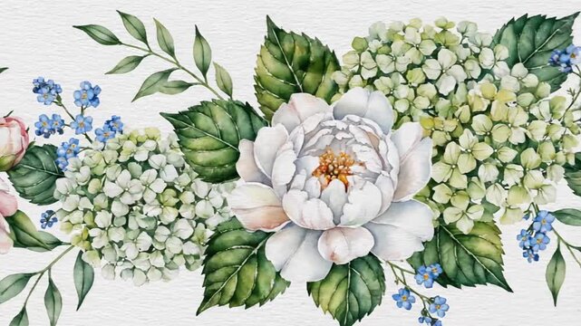 floral border watercolor, peonies, forget-me-nots, hydrangea, botanical illustration