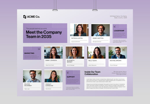 Meet The Team Poster Template for Modern Company Profiles, Organizational Charts & About Us Banners in Landscape Layout