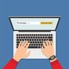 Hand typing on keyboard, generating AI prompt. Generative AI prompt technology with artificial intelligence and machine learning vector illustration