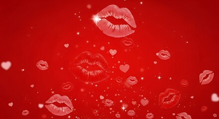 Romantic Red Background with Kisses and Hearts for Valentines Day.