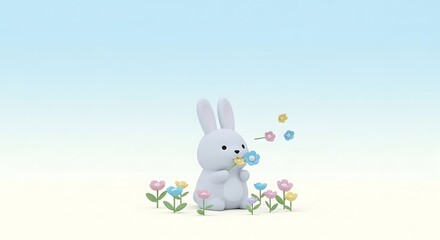 Cute Bunny with Flowers in a Serene Landscape Illustration.