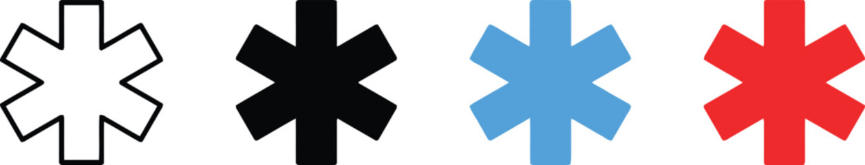 Obraz premium Set of star of life symbols in outline, black, blue, and red colors, representing medical assistance, emergency services, and healthcare symbol, commonly used for ambulances
