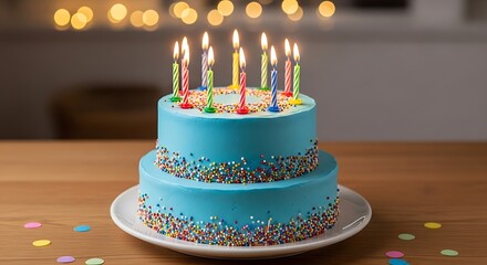 Two-Tiered Blue Birthday Cake with Lit Candles.