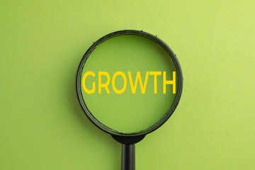Business growth and financial success concept. Magnifying glass zooming on yellow text. Symbol of investment, profit increase, economic development, and wealth on green background.