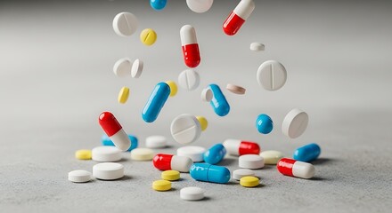 Assorted Pills and Capsules Falling onto a Gray Surface.