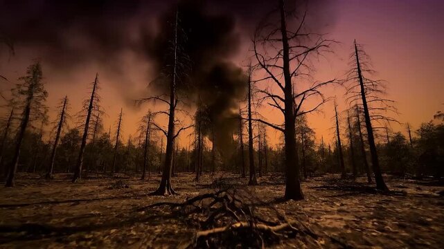 A low-altitude cinematic push-in shot glides over cracked ground towards a forest of breathing trees that shrivel and collapse as the camera approaches, with a smog-choked sky above.