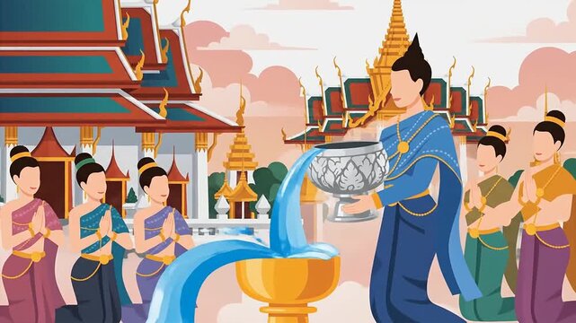 Thai Traditional Ceremony of Pouring Water for Merit Making and Blessing in Temple.