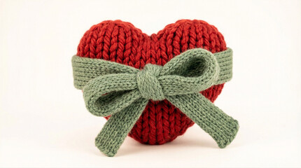 Handmade Knitted Red Heart with Green Ribbon on Neutral Background