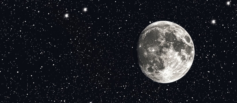 Full Moon Shining Brightly Against A Starry Night Sky With Distant Stars And Galactic Dust illuminated by Celestial Light