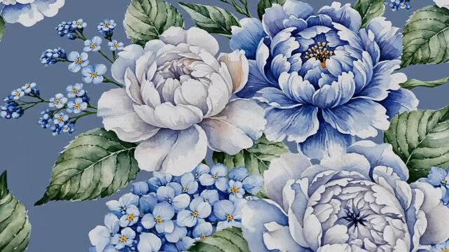 floral watercolor pattern, blue peony, hydrangea, seamless background