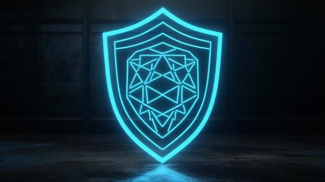 Glowing blue shield with geometric pattern in dark room