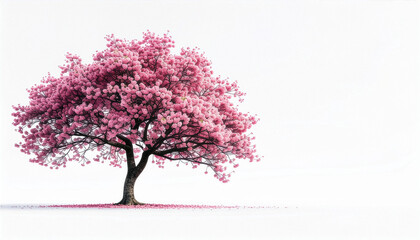Cherry Blossom Tree Isolated on White Background with Pink Flowers in Full Bloom