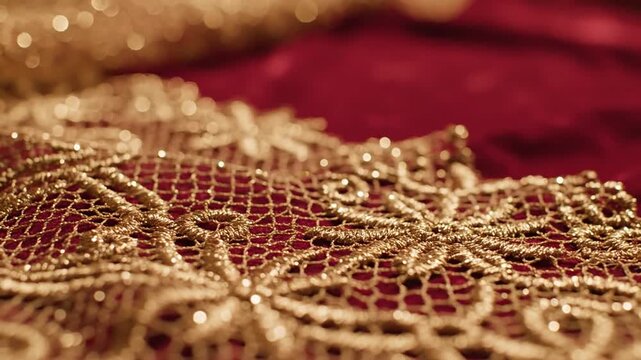 Golden embroidery on red fabric close-up with luxury background