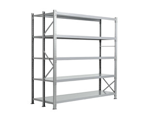 Empty metal shelving unit, four shelves, standing upright