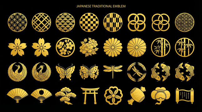 A collection of Japanese traditional symbols. These symbols are predominantly circular in shape and are arranged in rows