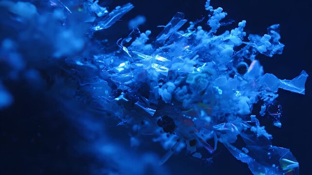 A turbulent 4K macro vortex of microplastics and fibers surrounds a single, radiant plankton pulsing with warm light, creating a stark contrast between chaos and serenity.