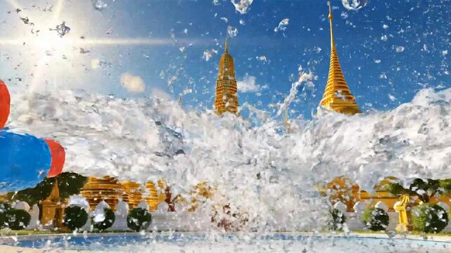 Water Gun Fight Celebration with Temple Background.
