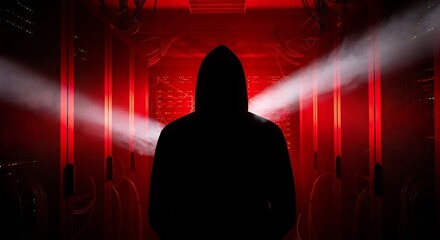 Silhouette of a hooded figure in a red-lit corridor.